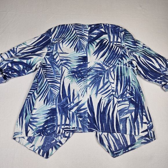 Chicos 2 Linen Open Blazer Jacket Roll Tab Sleeve White Blue Tropical Womens L - Picture 12 of 12